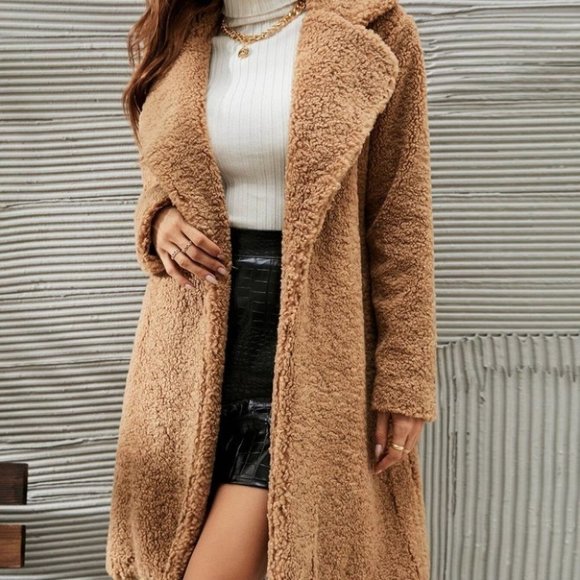 KHAKI OPEN FRONT TEDDY COAT FALL WINTER CONTEMPORARY CHIC STREETWEAR - Picture 5 of 7